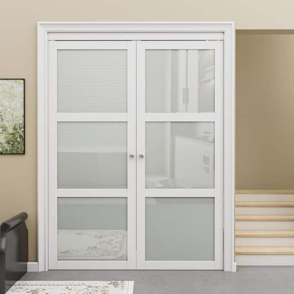 60 in. x 80 in. 3-Lite Frosted Glass Solid Core White Finished Glass Bi-Fold Door with Pivot Hardware