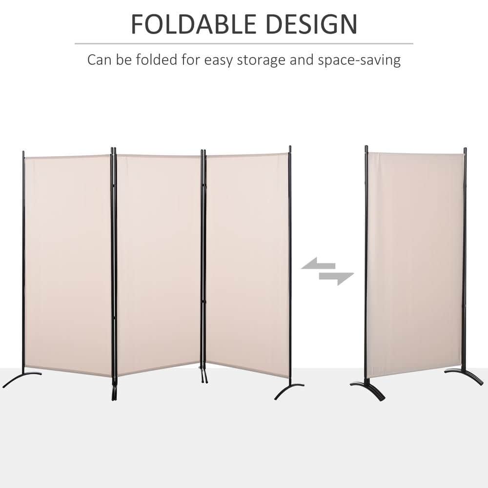 Beige 3-Panel Folding Privacy Screen with Steel Frame