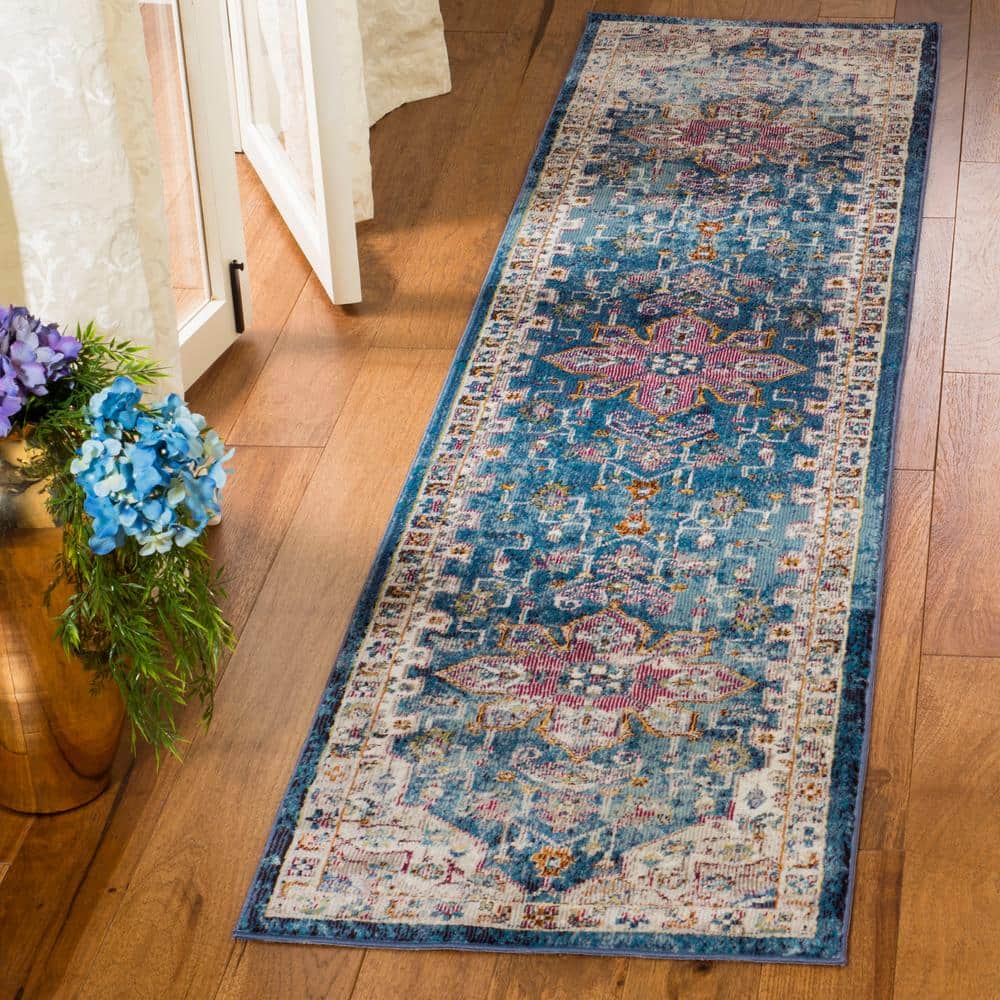 Hand-Knotted Medallion Blue and Cream Synthetic 2'x6' Rug