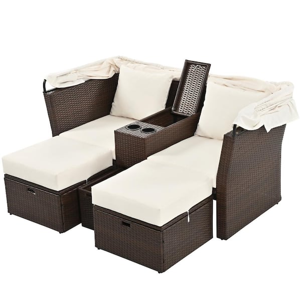 Sudzendf Brown 2-Seater Metal Outdoor Double Day Bed Loveseat Sofa Set with Beige Foldable Awning and Cushions