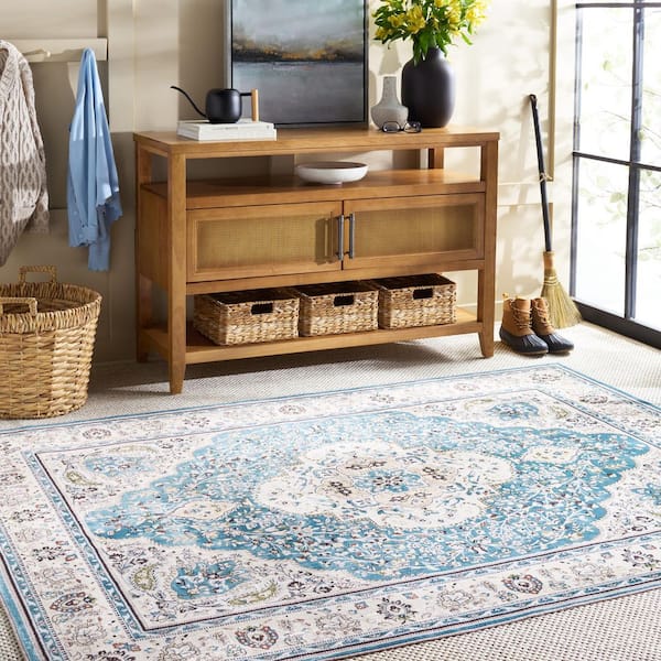 Martha Stewart Washable Turquoise/Beige 4 ft. x 6 ft. Machine Washable Medallion Border Area Rug