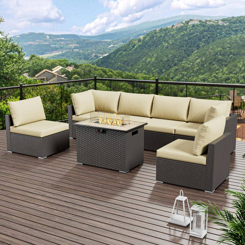 eVita 7-Piece Outdoor Wicker Patio Conversation Seating Set with ...