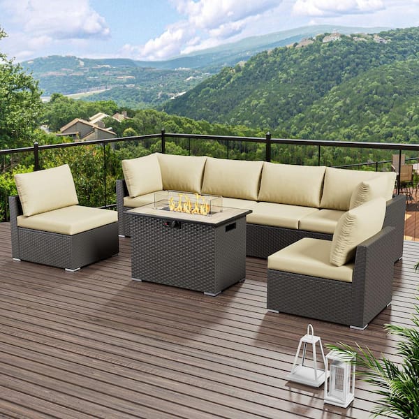 eVita 7-Piece Outdoor Wicker Patio Conversation Seating Set with Propane Fire Pit Table Without Ottoman (Light Beige Cushion)
