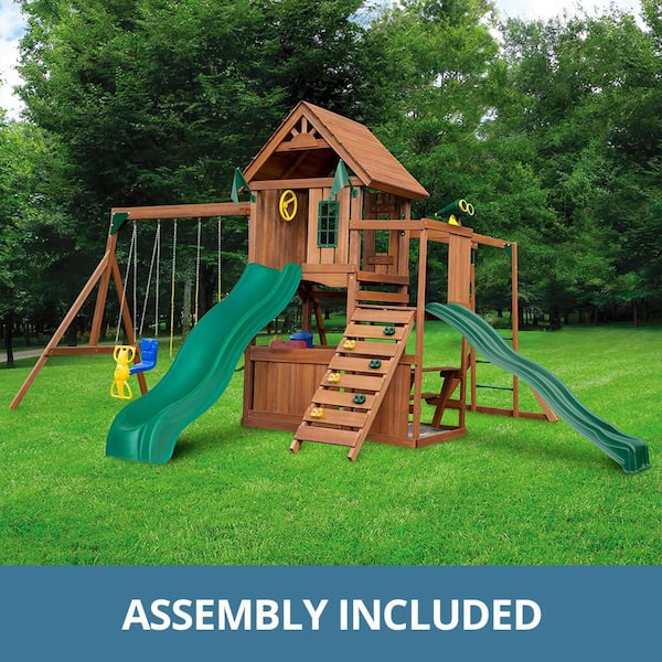 Professionally Assembled Super Knightsbridge Wooden Outdoor Playground Set with Slide, Rock Wall, Swing, and Monkey Bars