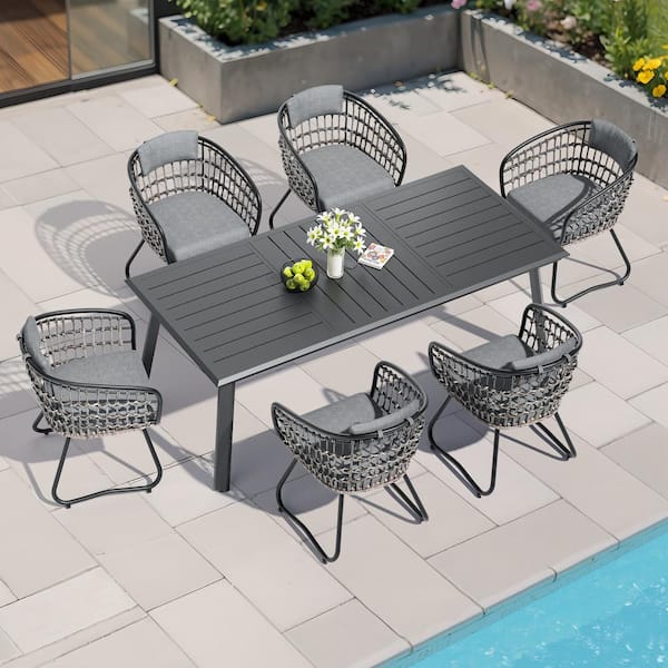 7-Piece Metal 82.7 in. Outdoor Dining Set with Rattan Chairs and Gray Cushions