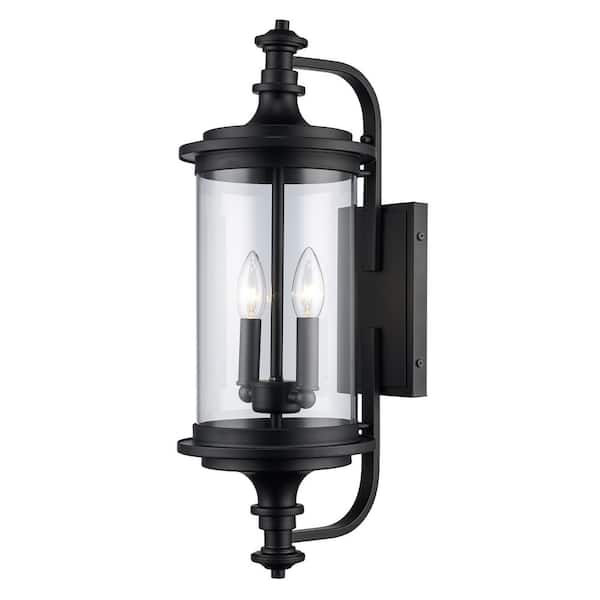 Path 22 in. 2-Light Black Outdoor Hardwired Wall Lantern Sconce with No Bulbs Included and Clear Glass