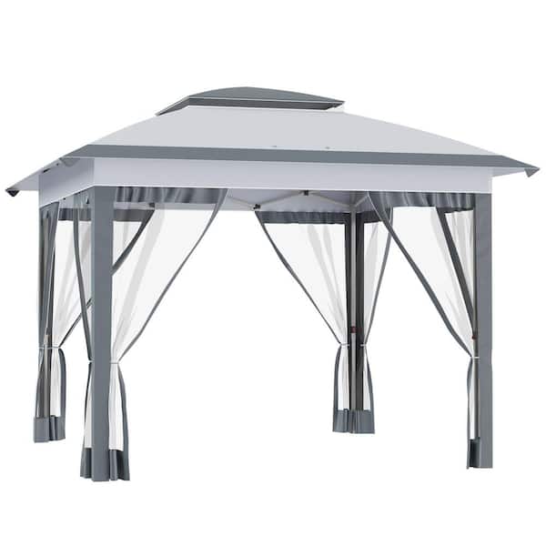 Zeus & Ruta 12 ft. x 12 ft. Pop Up Canopy Tent with Netting and Carry Bag for Outdoor, Garden, Patio in Gray