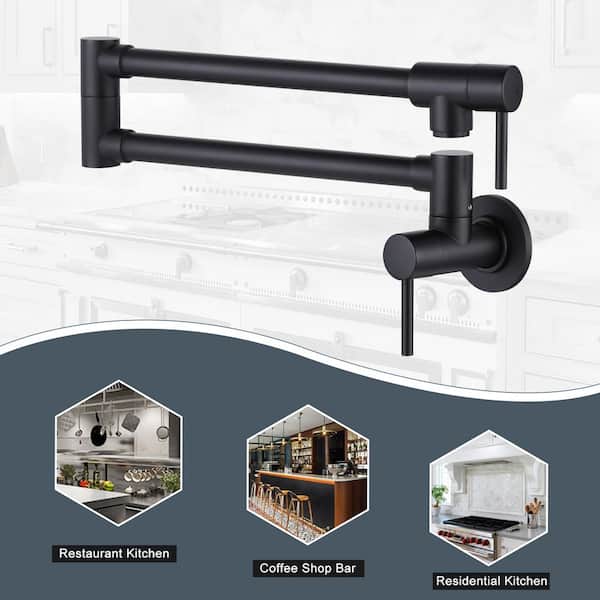 Brass Wall Mount Pot Filler with Double Handle, 2-aerators and Swing Arms Folding Kitchen Faucet in Matte Black