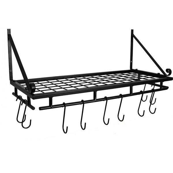 GREENCO 10 in. x 24.5 in. x 13.5 in. Black Metal Pots and Pans Wall Rack with Shelf