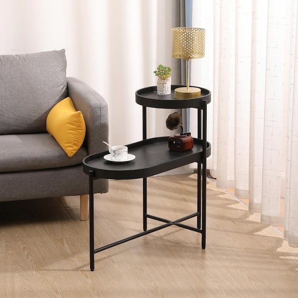 Unbranded 27 in. Black Modern 2-Tier Oval MDF End Table Accent Side Table Nightstands with Metal Frame for Living Room