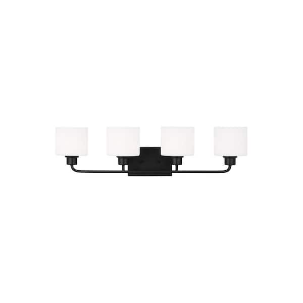 Generation Lighting Canfield 31 in. 4-Light Midnight Black Minimalist Modern Wall Bathroom Vanity Light with Etched White Glass Shades