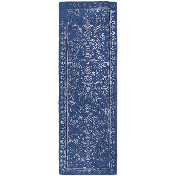 HomeRoots Blue, Silver Floral 2 ft. x 8 ft. Runner Rug