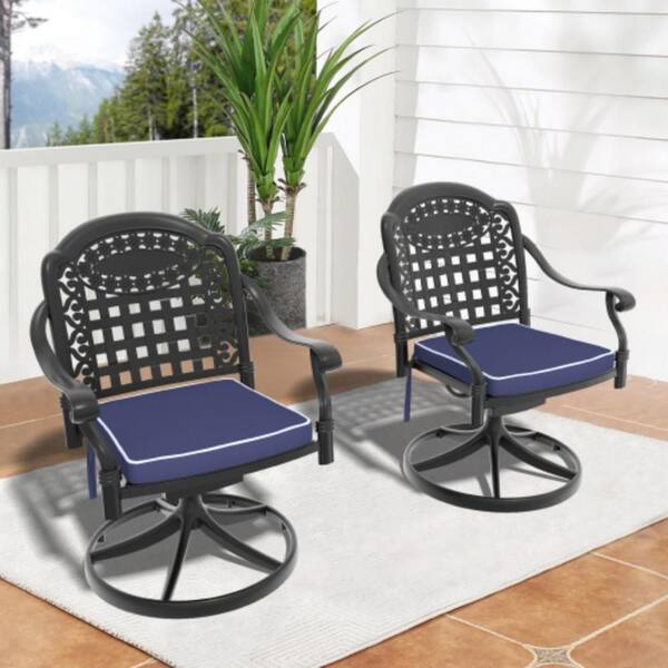 Cast Aluminum Outdoor Dining Set Chaise Lounge Swivel Chairs with Blue Cushions (Set of 2 )