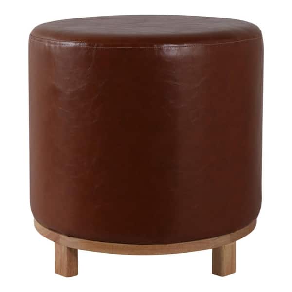 Brown Pine Wood and Faux Leather Round 18 in. Ottoman With Base