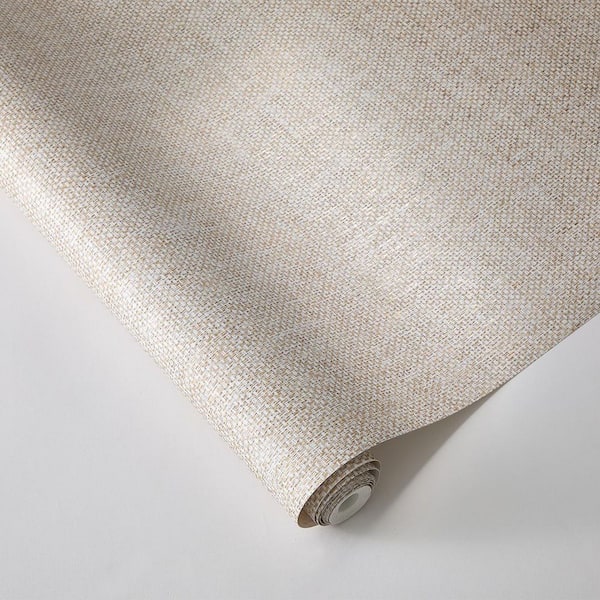 Jeremiah Brent Ecru & Metallic Gold Faux Grasscloth Primitivo Peel and Stick Vinyl Textured Wallpaper Roll (56 sq. ft. )