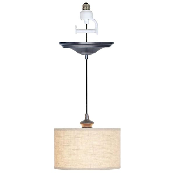 Worth Home Products Instant Pendant 1-Light Recessed Light Conversion Kit Brushed Bronze Linen Drum Shade
