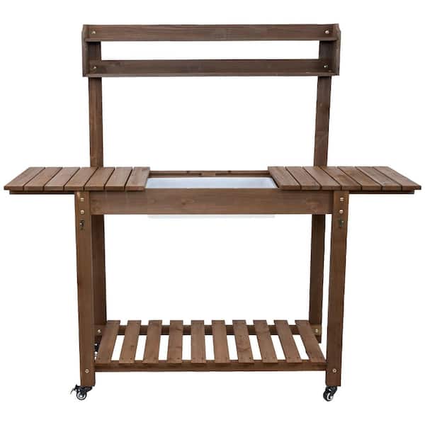 Wheeled Wood Outdoor Potting Bench with Dry Sink-Brown-39.25 in.