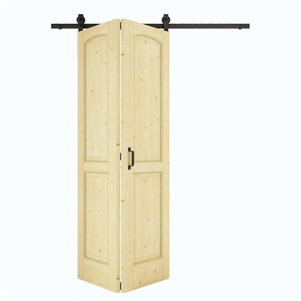 56 in. x 80 in. Paneled 2-Lite Solid Pine MDF Unfished Bifold Sliding Barn Door with Hardware Kit