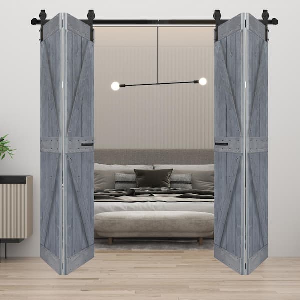 ISLIFE K Style 48 in. x 84 in. (12 in. x 84 in. x 4-Panels) Dark Gray Solid Wood Bi-Fold Door With Hardware Kit-Assembly Needed
