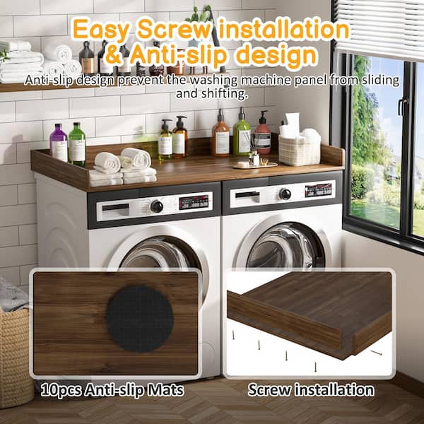 54 in. W Bamboo Modern Rectangle Washer and Dryer Countertop, Laundry Room Hamper with Edge Rails in Walnut Color