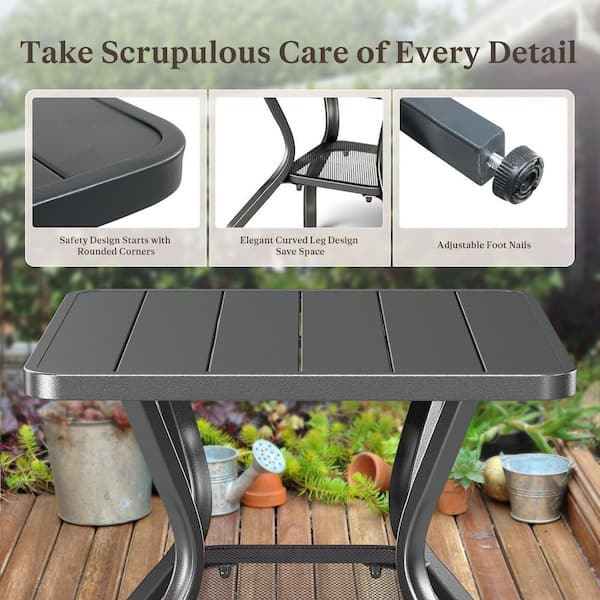 Black Square Metal Outdoor Side Table with Lower Storage Space and Classic Design