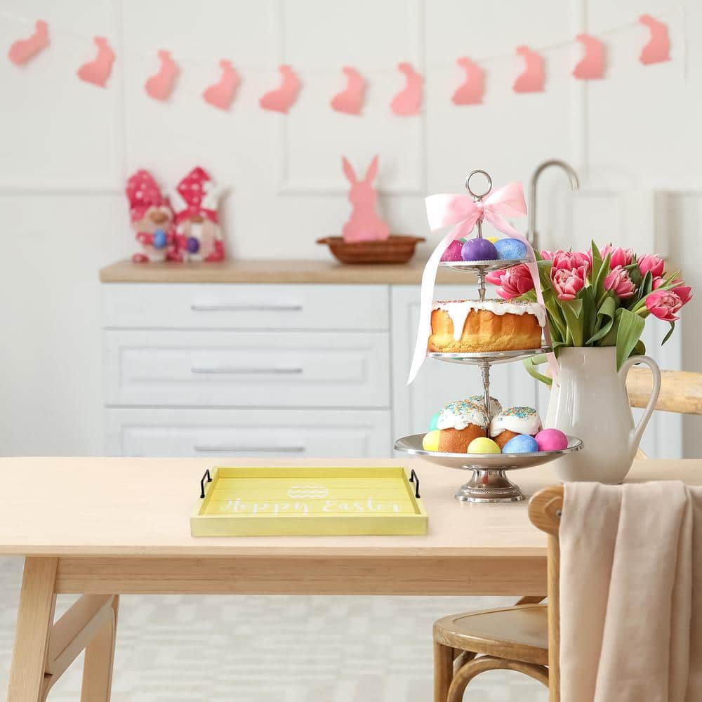 Farmhouse Yellow Wash Wood Serving Tray with Black Handles