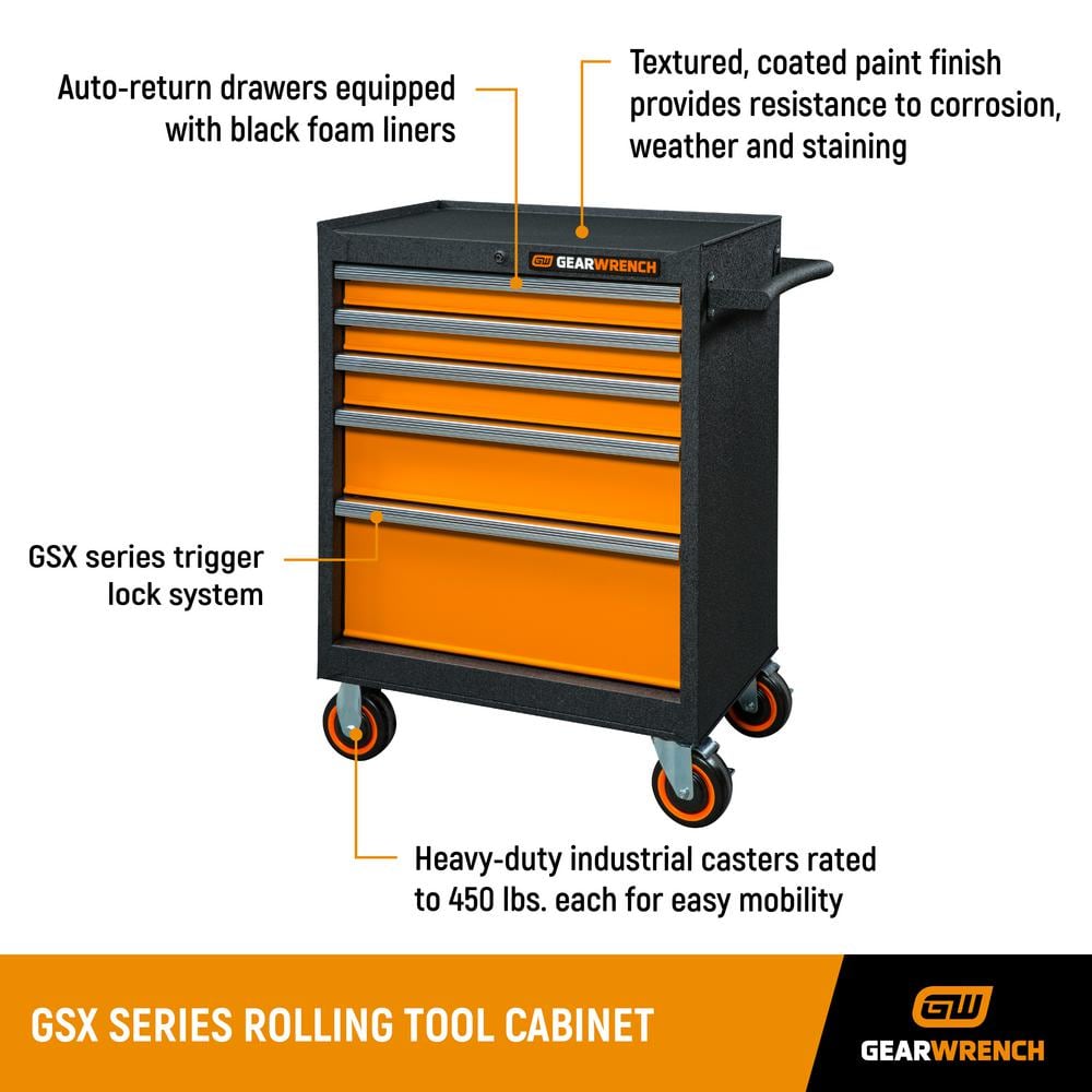 26" GSX Series 5-Drawer Steel Rolling Tool Cabinet with Aluminum Handles