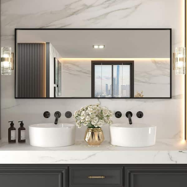 KIOTEE 72 in. W x 32 in. H Rectangular Framed French Cleat Wall Mounted Tempered Glass Bathroom Vanity Mirror in Matte Black