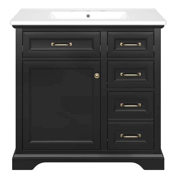 36 in. Single Sink Freestanding Black Bath Vanity with White Ceramic Top and 4 Drawer Storage Cabinet Unassembled