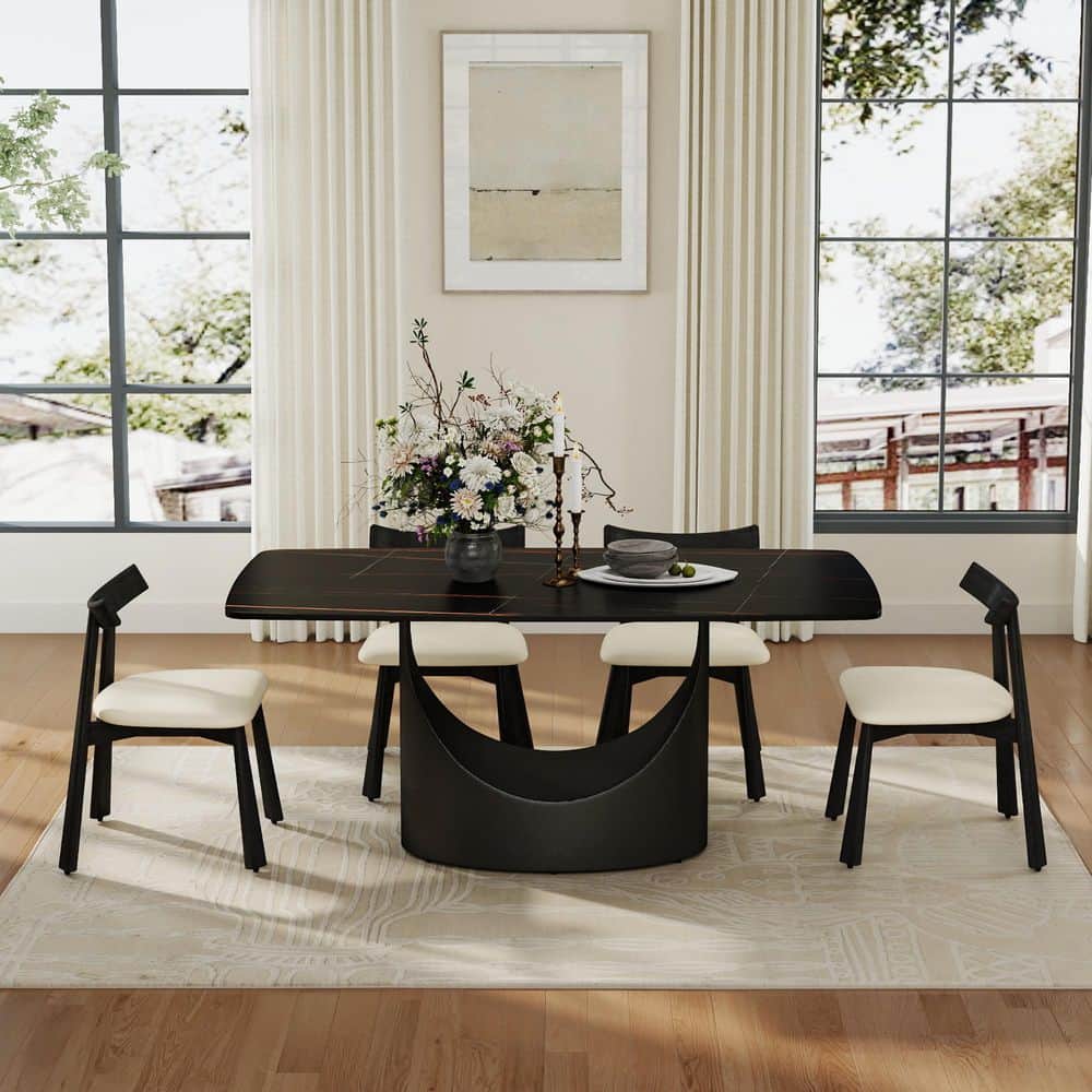 Magic Home 71 in. Black Sintered Stone Rectangle Tabletop Dining Table ...