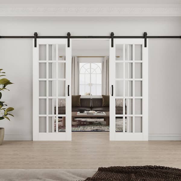 64 in. x 80 in. 15 Lite Tempered Clear Glass White Primed MDF Composite Sliding Barn Door with Hardware Kit