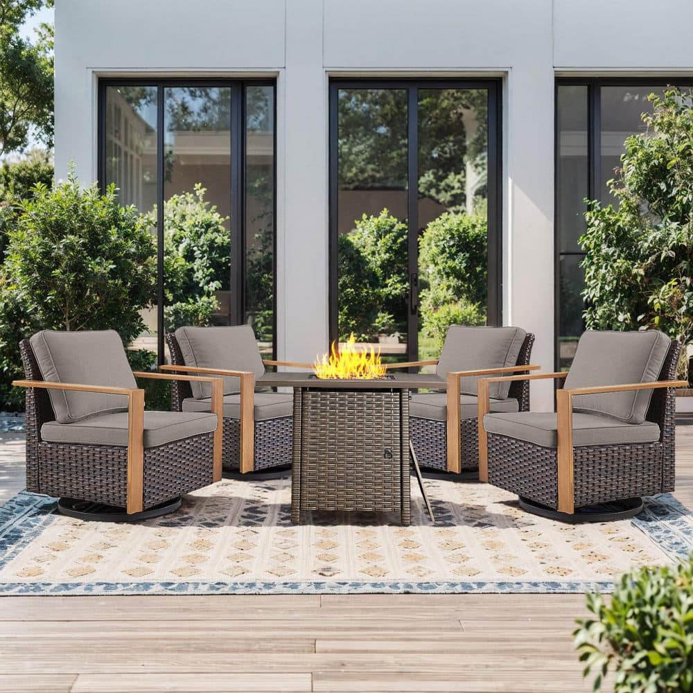 Funky 5-Piece Brown Wicker Patio Conversation Set with 50000 BTU Gas Fire Pit Table and Rocking Chairs with Gray Cushion price history on PriceWatchPro