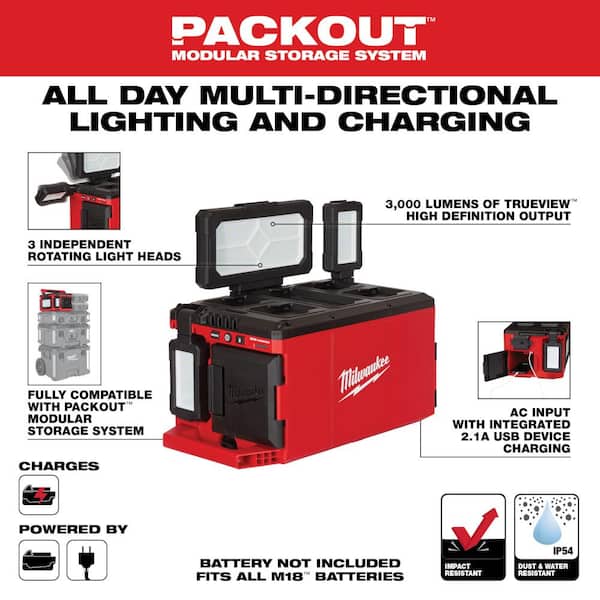 Milwaukee - M18 18-Volt Lithium-Ion Cordless PACKOUT 3000 Lumens LED Light with Built-In Charger with (1) 5.0 Ah Battery