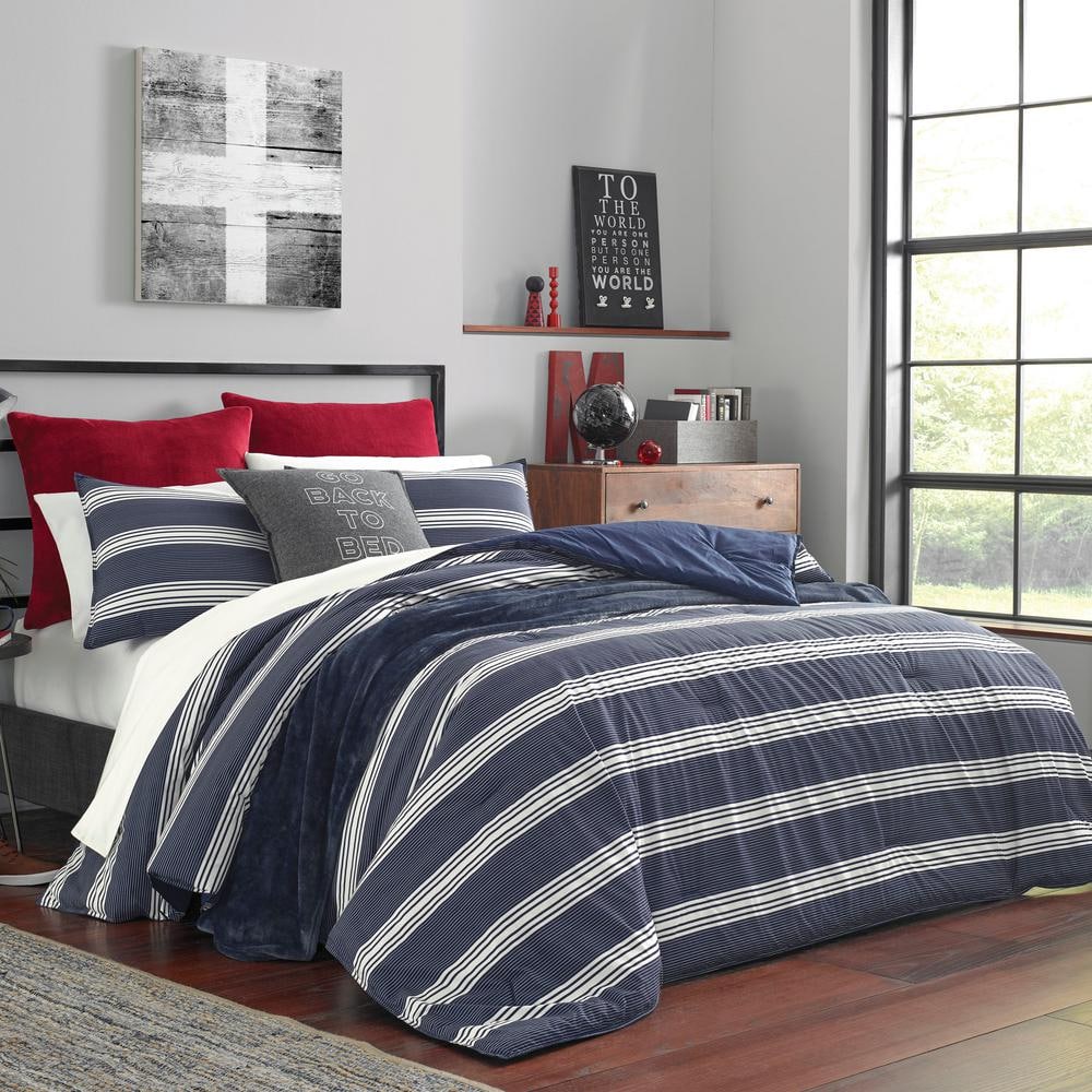 Navy and White Striped Cotton King Duvet Cover Set