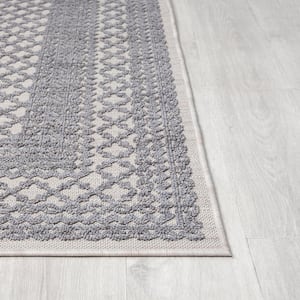 Wyatt Blue 7 ft. 10 in. x 8 ft. 10 in. Geometric Bordered High-Low P.E.T Yarn Indoor/Outdoor Area Rug