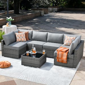 Sanibel Gray 7-Piece Wicker Outdoor Patio Conversation Sofa Sectional Set with Dark Gray Cushions