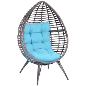 Wicker Outdoor Lounge Chair with Sky Blue Cushion Teardrop Chair Poolside Patio Seat