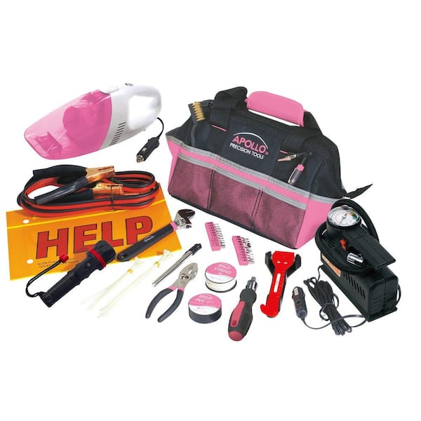 Apollo Roadside Tool Kit with Vacuum and Compressor in Pink (54-Piece)
