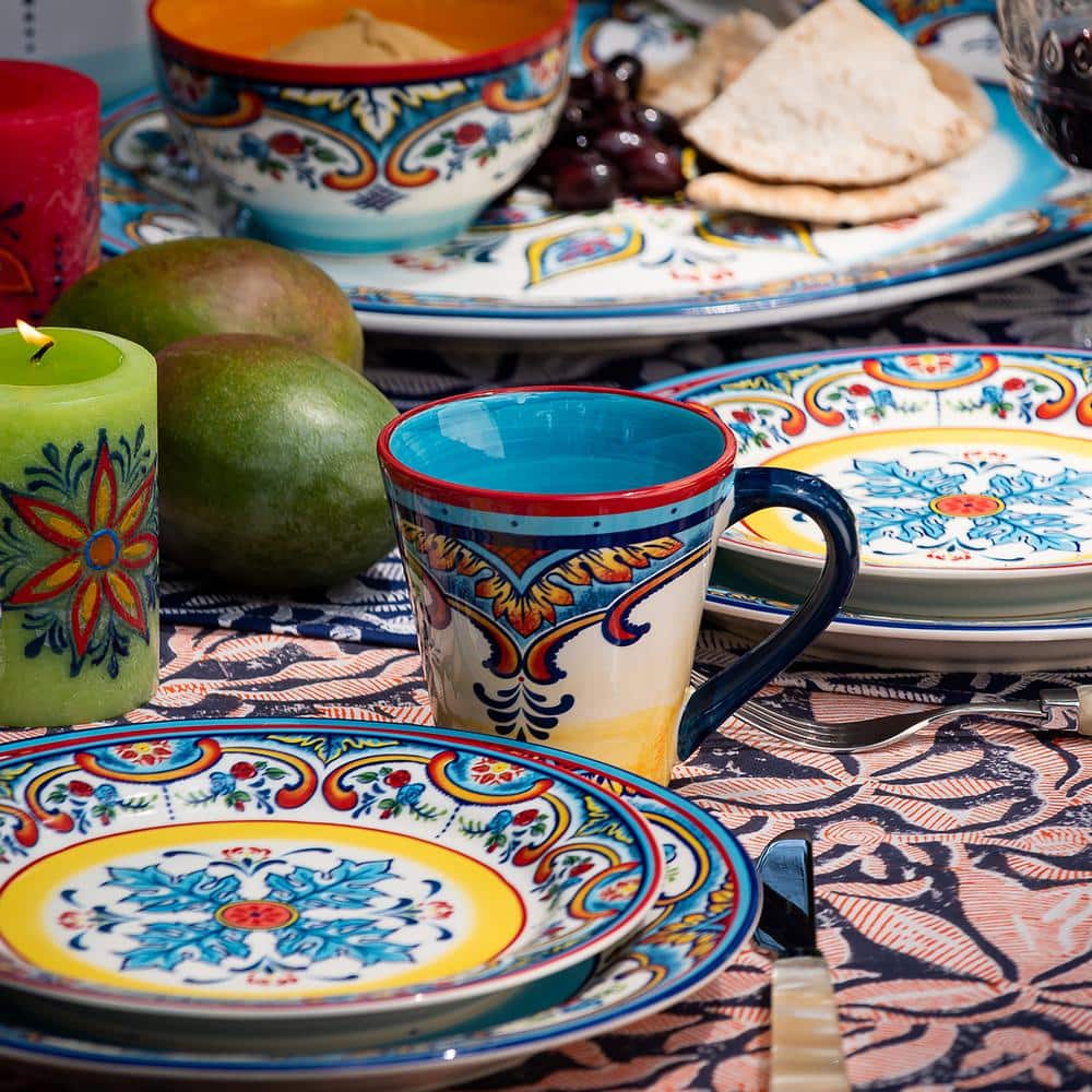 Vibrant Multicolor Ceramic Floral Dinnerware Set, Service for 4
