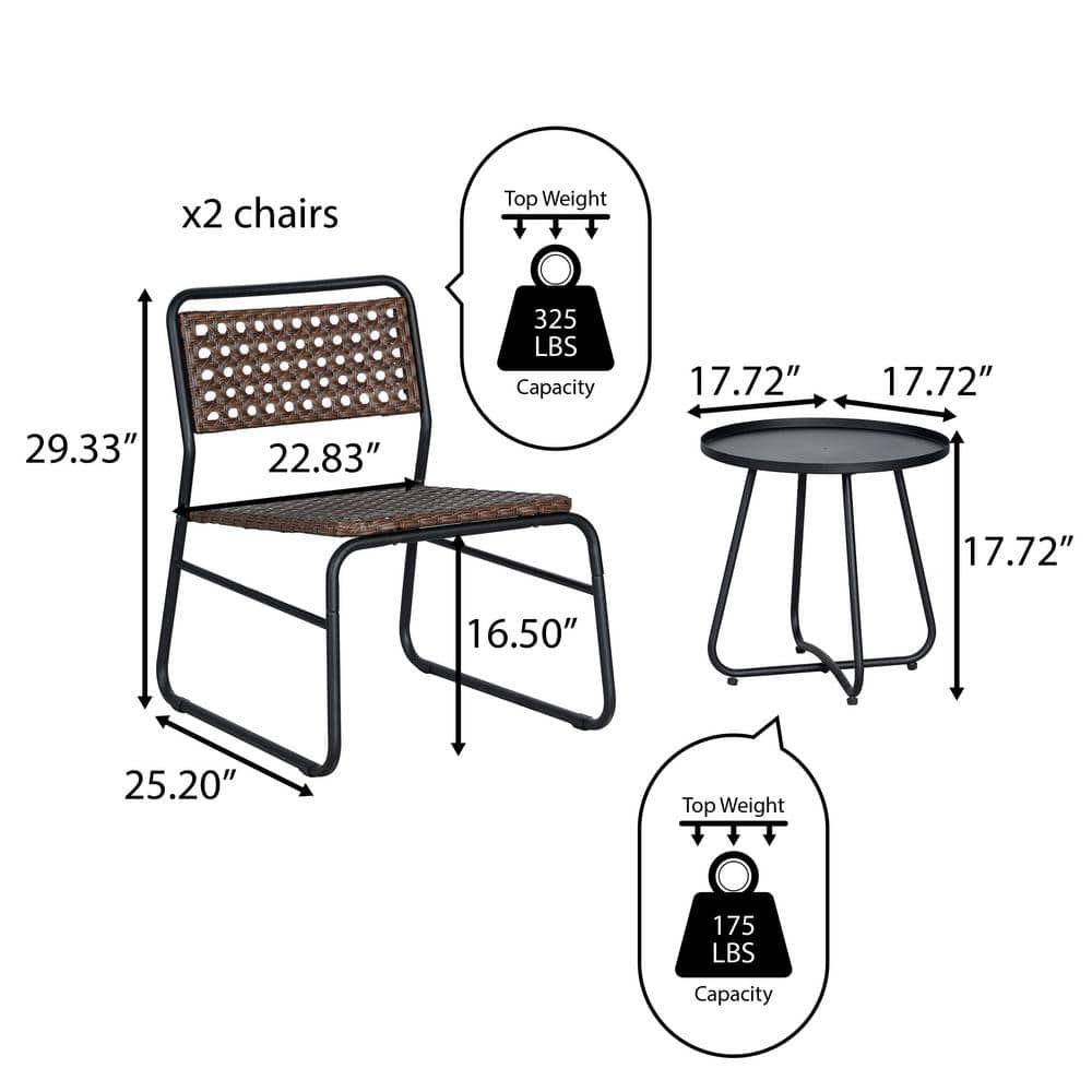 Freja 3-Piece Black and Brown Faux Rattan Outdoor Bistro Set