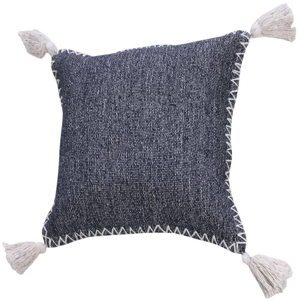 20" Blue and White Embroidered Cotton Throw Pillow
