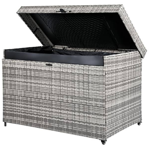Tenleaf 230 Gal. All-Weather Gray Wicker Deck Box Storage Box with 2 Wheels and Top Lid Mesh Pocket, Lockable Lid