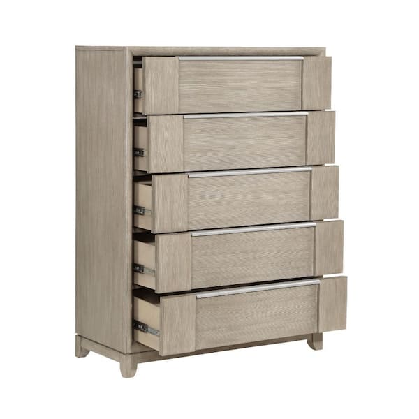 Benjara Beige and Pewter 5-Drawers 40 Dresser Without Mirror