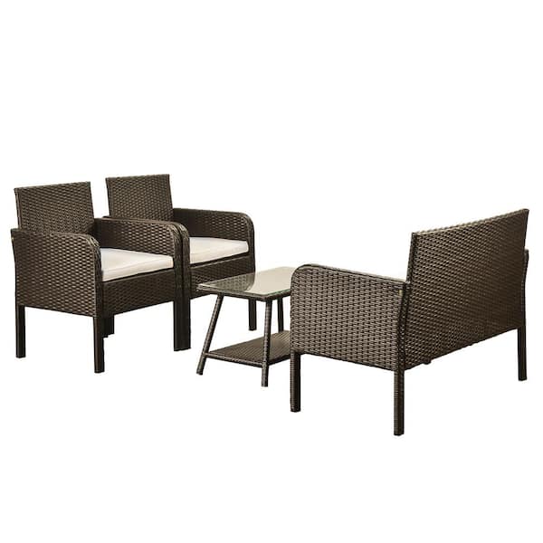 Unbranded 4-Piece Wicker Patio Conversation Set with Beige Cushions