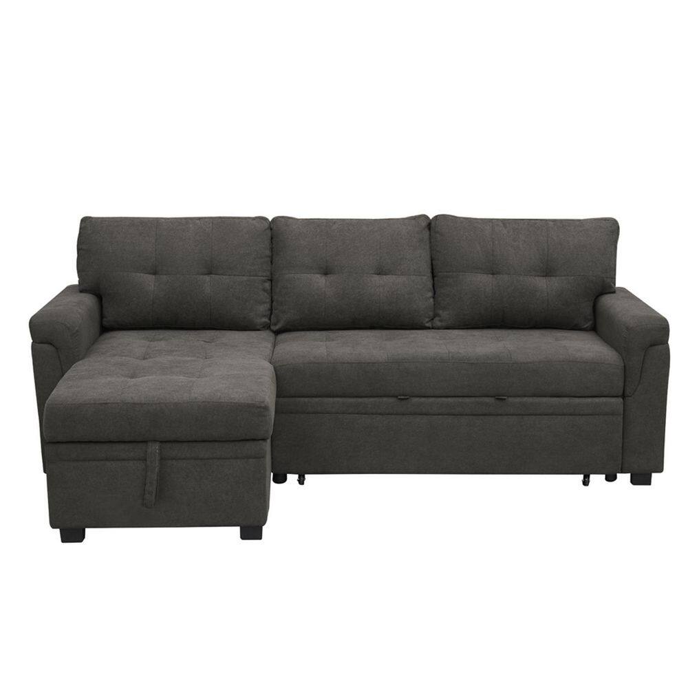 HOMESTOCK Espresso Tufted Sectional Sofa Sleeper with Storage Twin Size