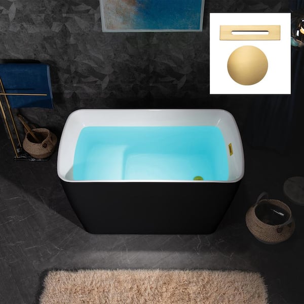 WOODBRIDGE Cube 48 in. x 27.5 in. Acrylic Flat Bottom Soaking Bathtub with Reversible Drain in Black with Brushed Gold