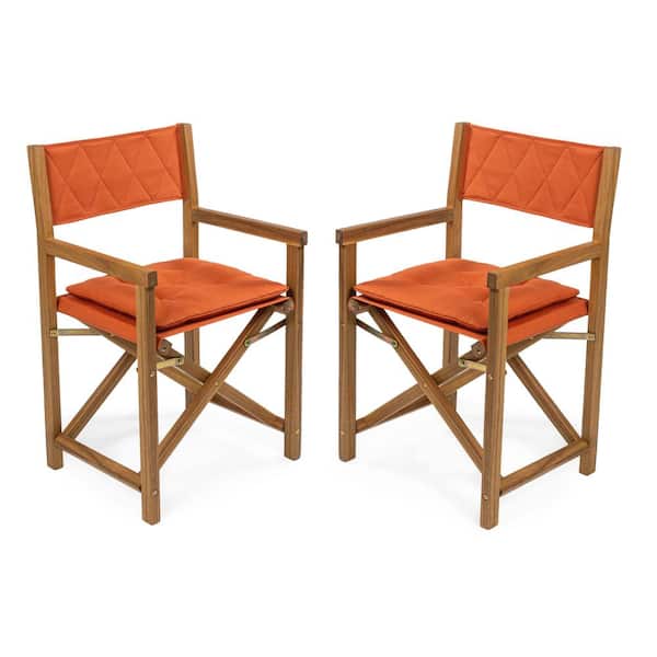 Waldo Outdoor Acacia Wood Foldable Diamond-Quilted Back Director Chair with Cushion, Orange/Teak Brown (Set of 2)