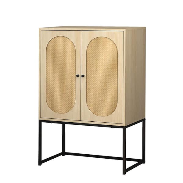 YOFE Natural Rattan Decor MDF File Cabinet with Adjustable Shelf and Metal Frame Home Office 2-Door Large Storage Cabinet