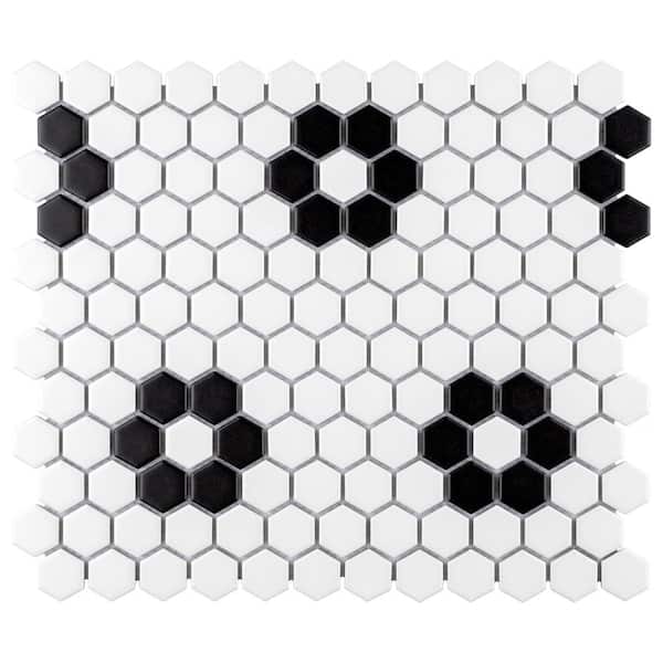 Merola Tile Metro 1 in. Hex Matte White with Flower 10-1/4 in. x 11-7/8 in. Porcelain Mosaic Tile (8.6 sq. ft./Case)