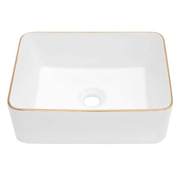 LORDEAR 16 in.W x 12 in.D x 5 in. H Bathroom Rectangular Ceramic Vessel Sink Single Bowl with Gold Trim in White